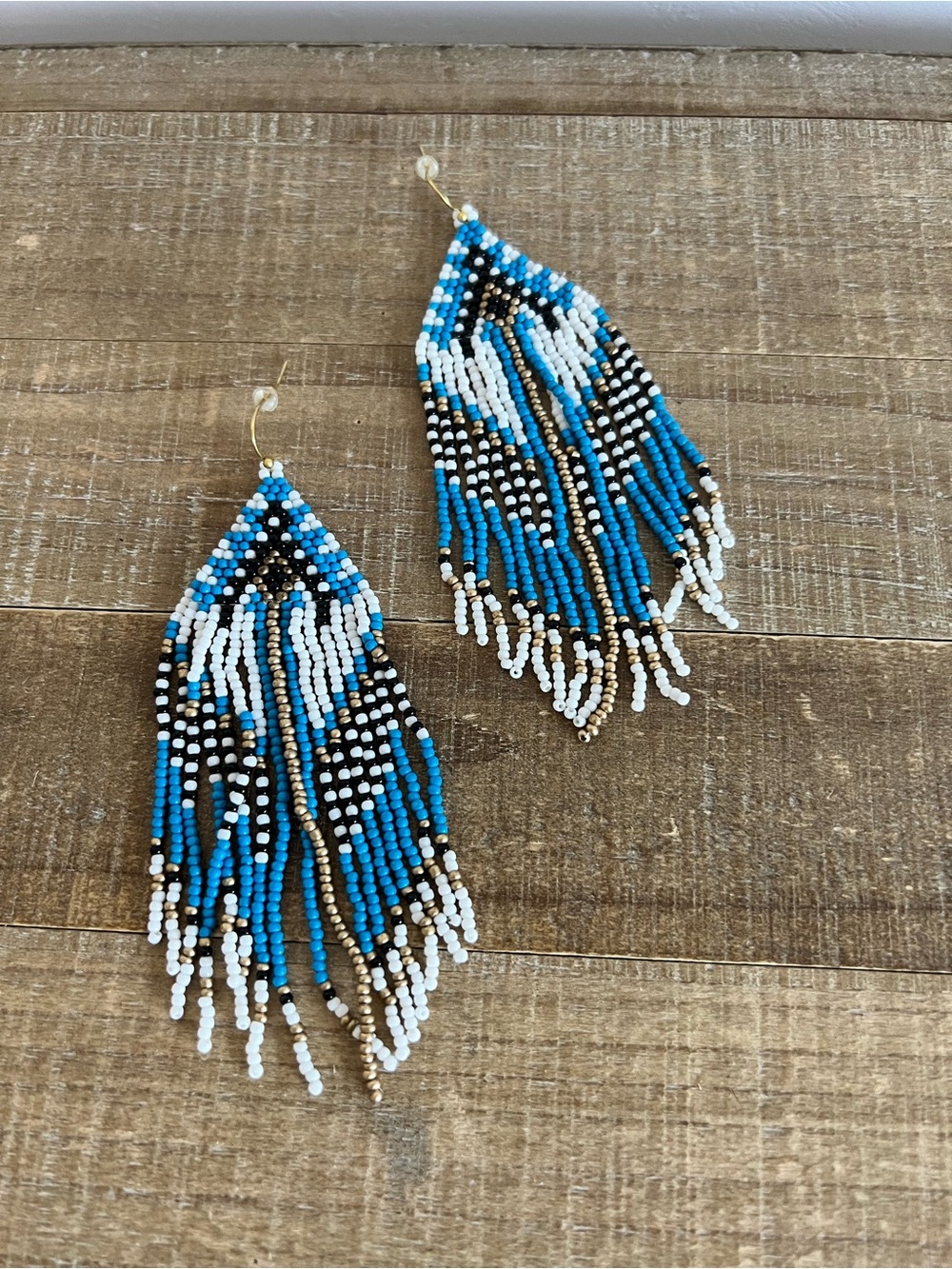 Blue White Beaded Fringe Tassel Earrings Boho Western Cowgirl - Picture 3 of 8